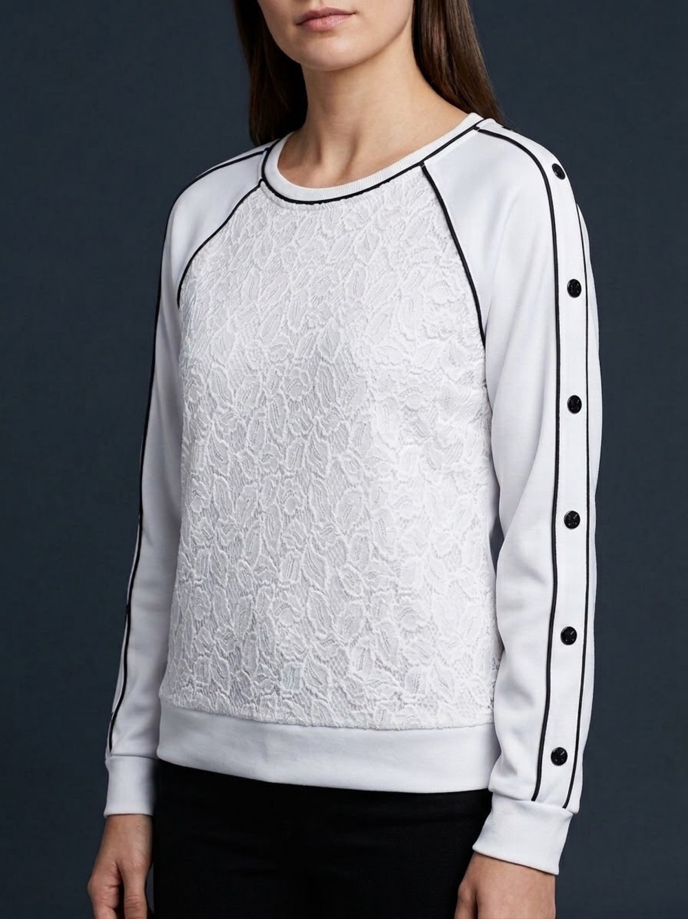 Karl Lagerfeld Paris Lace Front Snap Sleeve Top Sweatshirt White Black Trim M